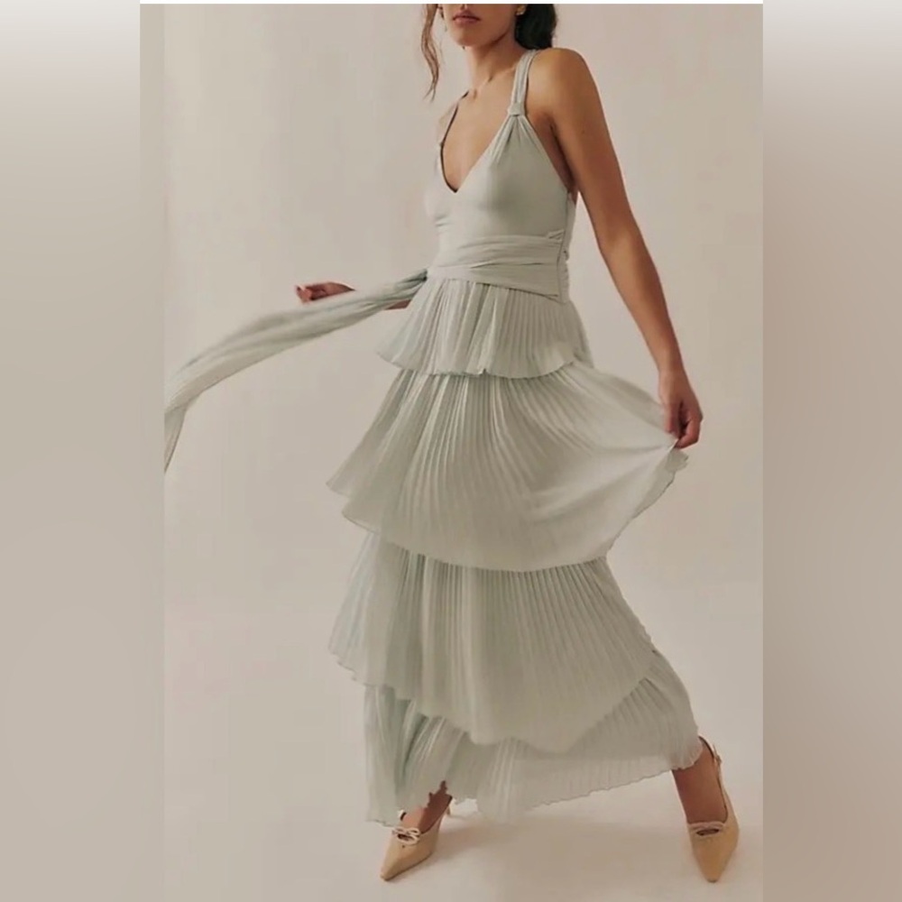 Free People Sola Maxi Dress V-Neck Strappy Back Tiered Pleated Skirt Glacier Med